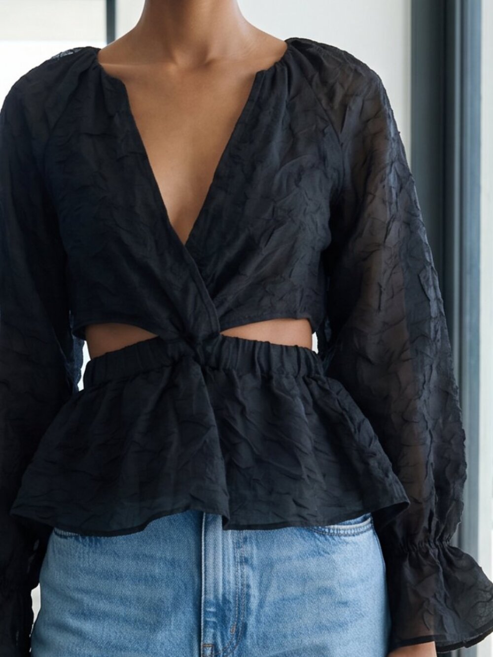 $185 REVOLVE Organza black top w cut outs from Something Navy semi sheer arms S